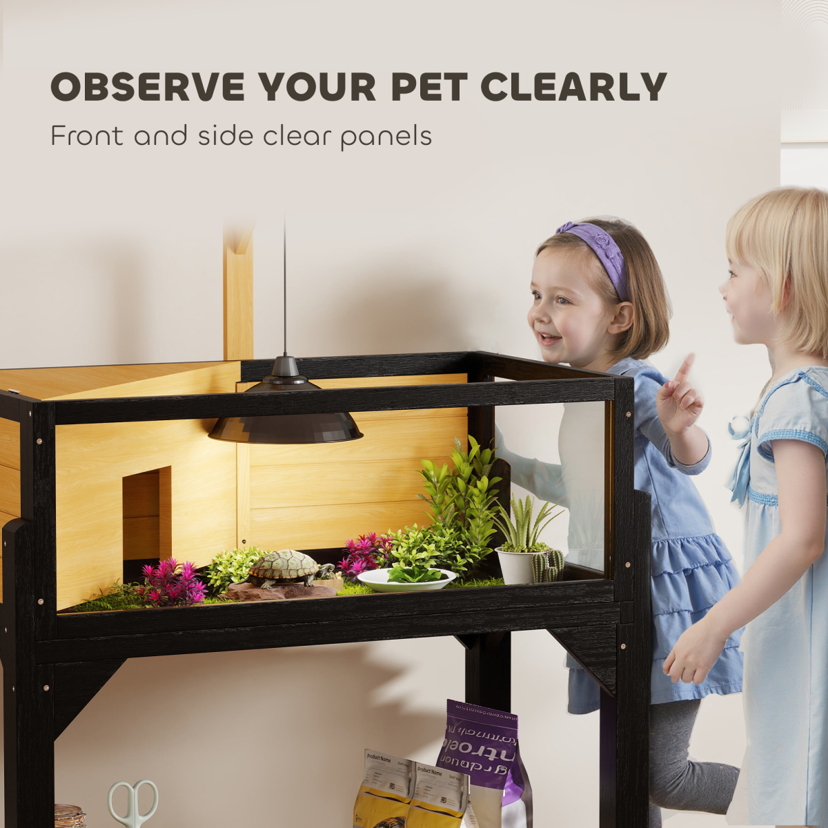 PawHut Wooden Tortoise House with Storage Shelf, Clear Observation Windows