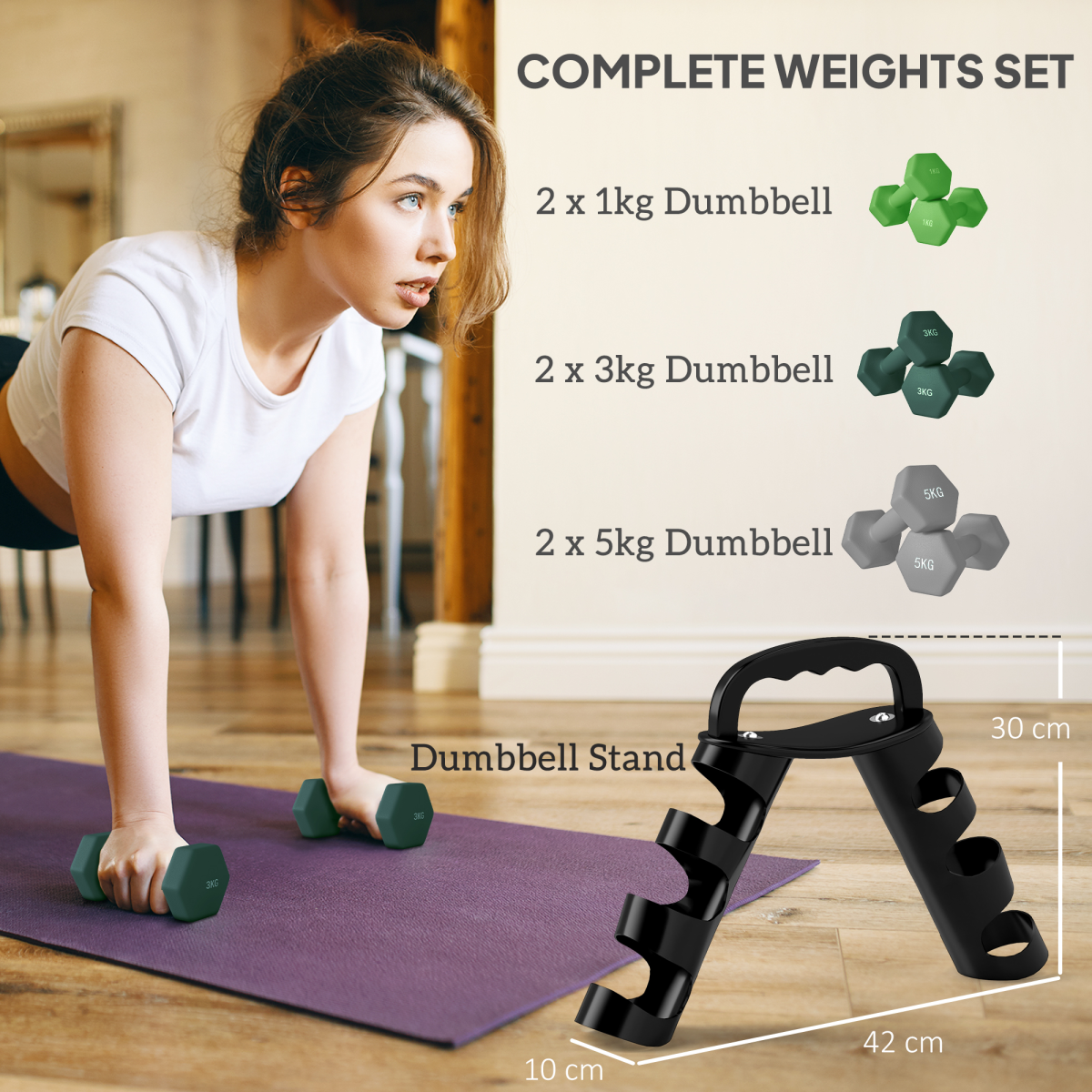 SPORTNOW Dumbbells Set with Storage Rack, 2 x 1kg, 2 x 3kg, 2 x 5kg