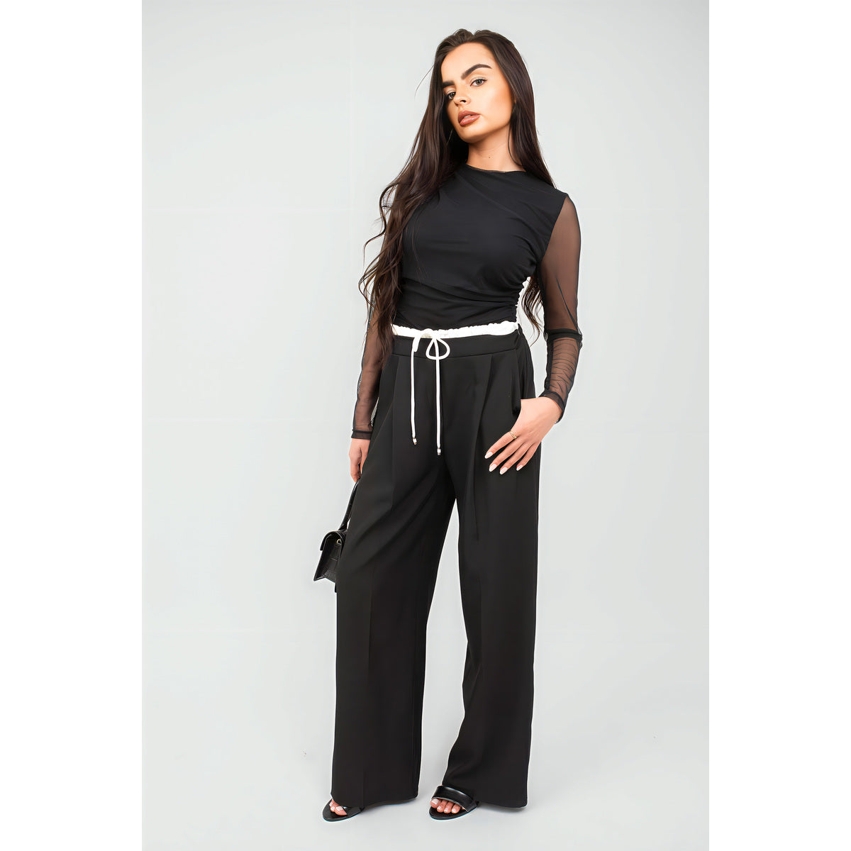 Double Waist Band Drawstring Wide Leg Trousers