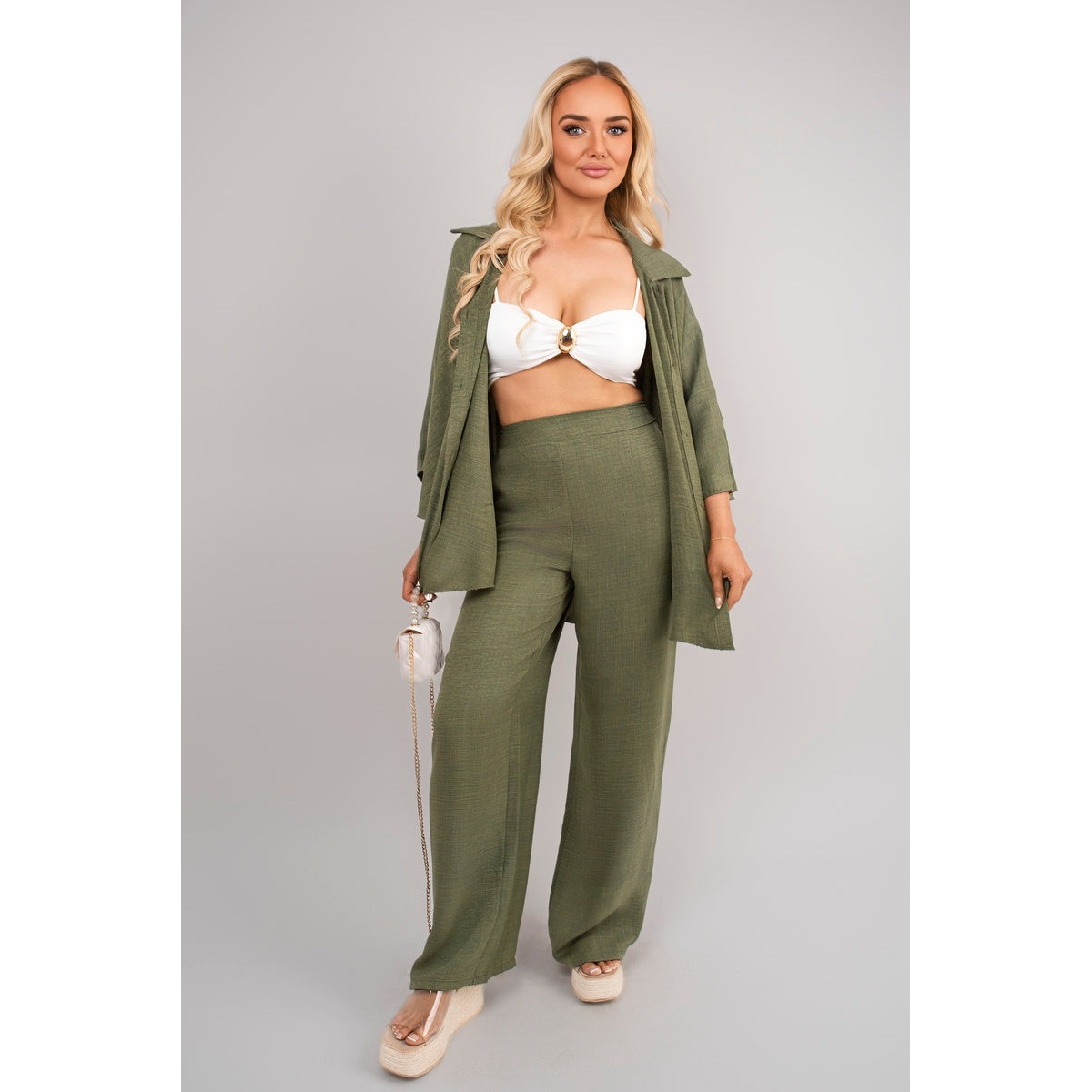 Button Down Long Sleeve Shirt and Wide Leg Trousers Co-ord Set