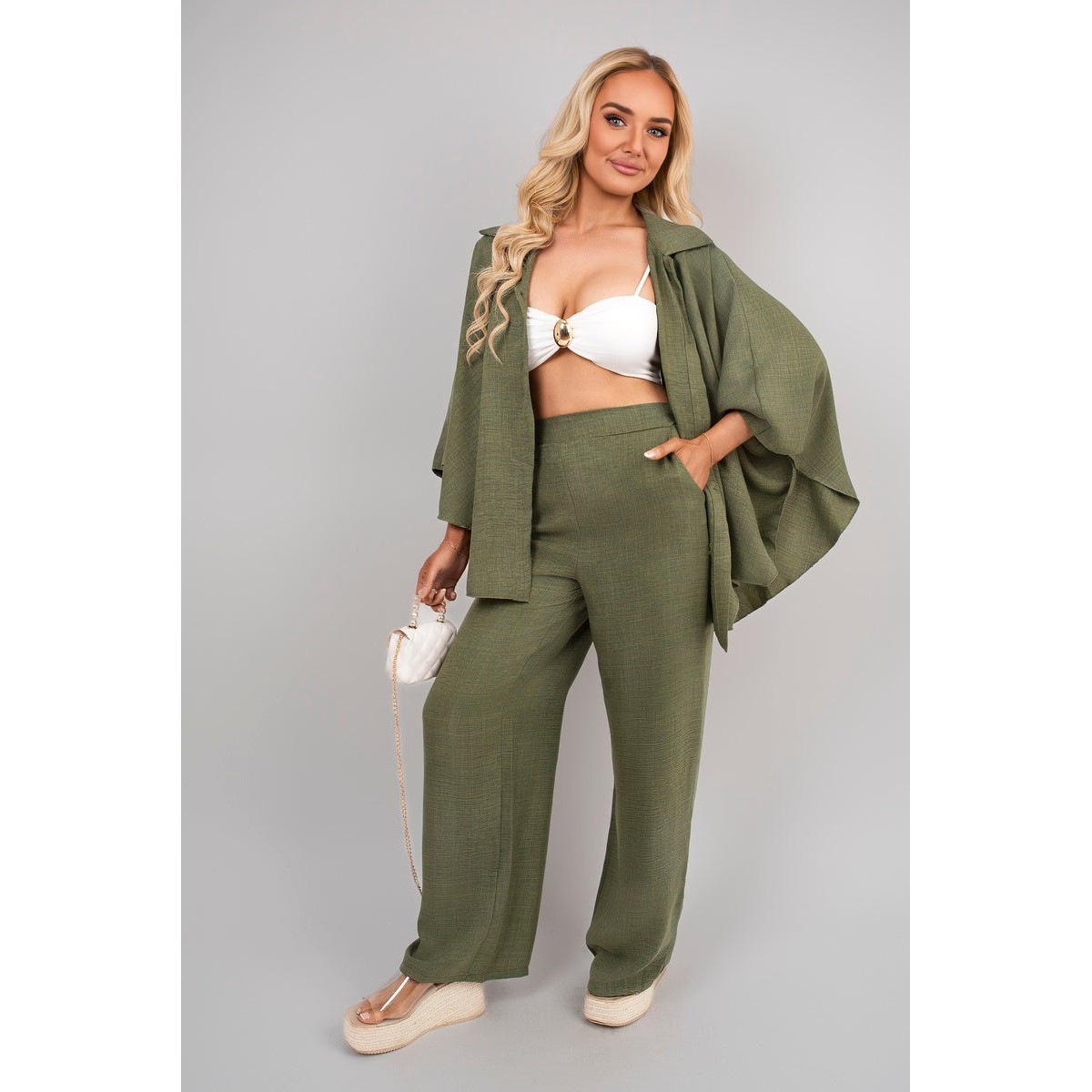 Button Down Long Sleeve Shirt and Wide Leg Trousers Co-ord Set