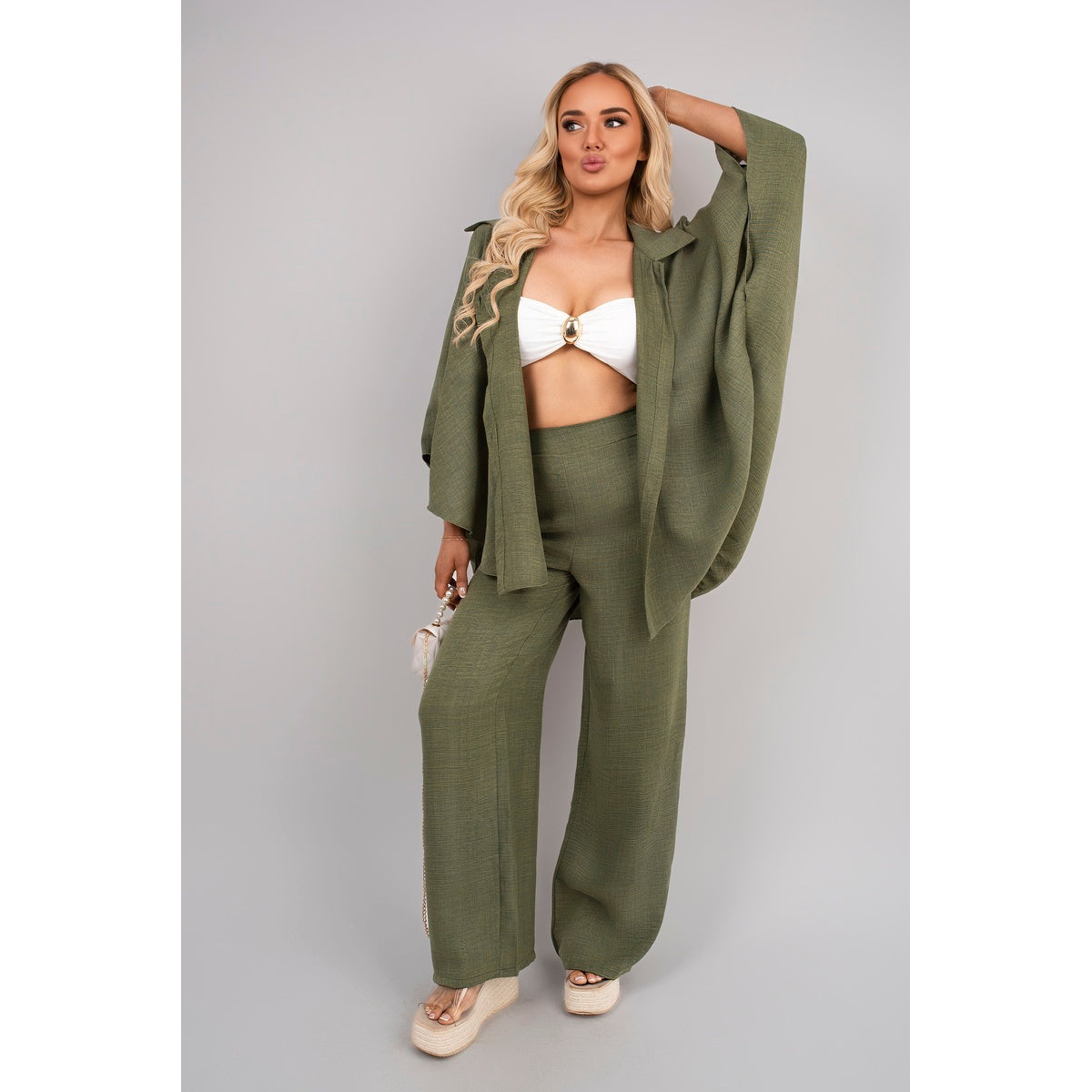 Button Down Long Sleeve Shirt and Wide Leg Trousers Co-ord Set