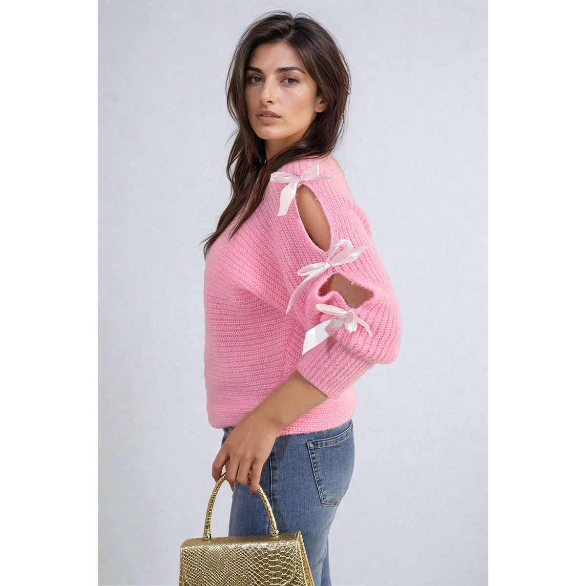 Cut Out Tie Bow Sleeve Detail Chunky Knitted Top