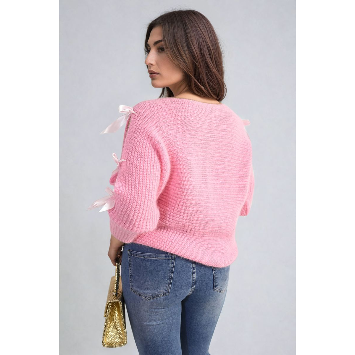 Cut Out Tie Bow Sleeve Detail Chunky Knitted Top