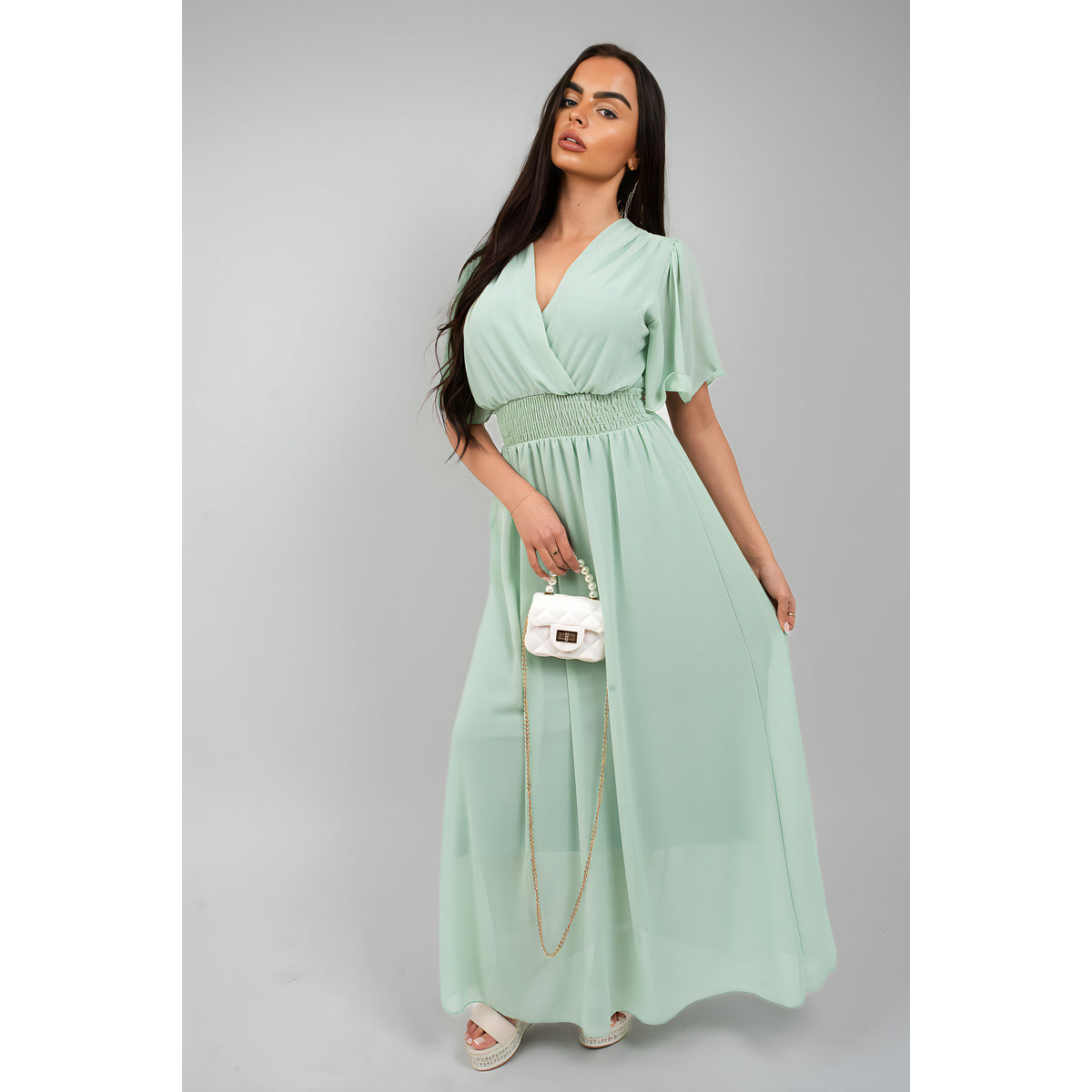 Smocked Waist V Neck Short Sleeve Flowy Maxi Dress