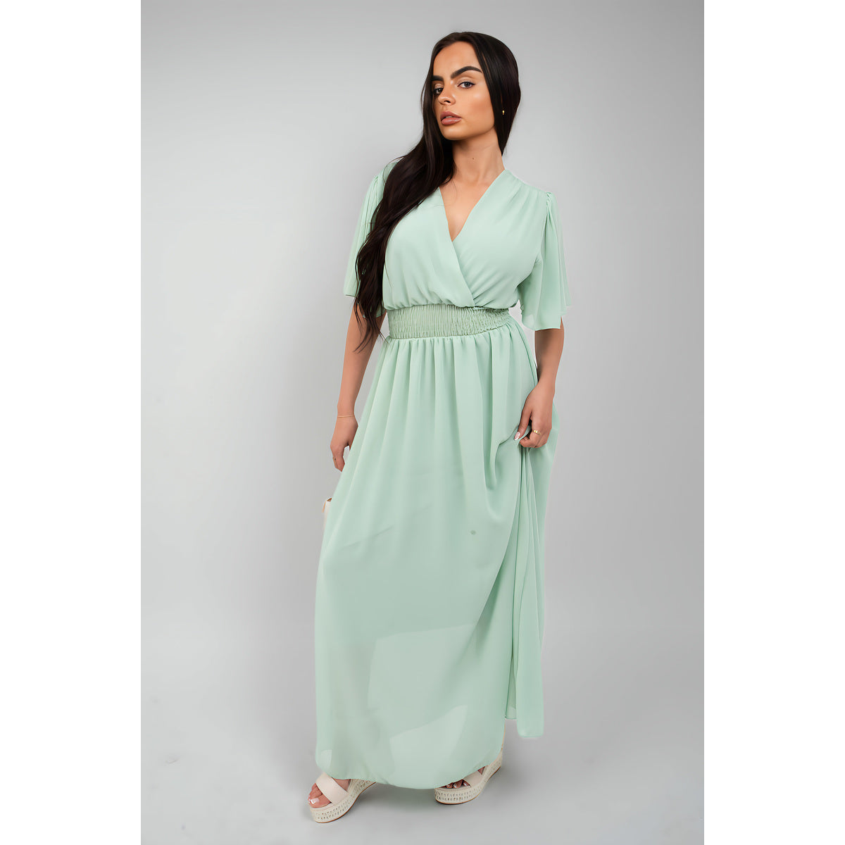 Smocked Waist V Neck Short Sleeve Flowy Maxi Dress