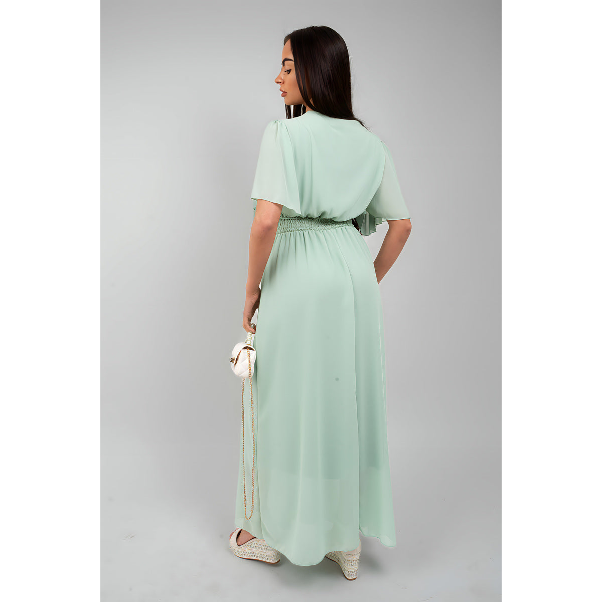 Smocked Waist V Neck Short Sleeve Flowy Maxi Dress