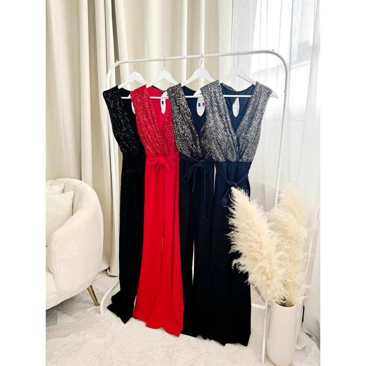 Elegant V-Neck Sequin Top Jumpsuit