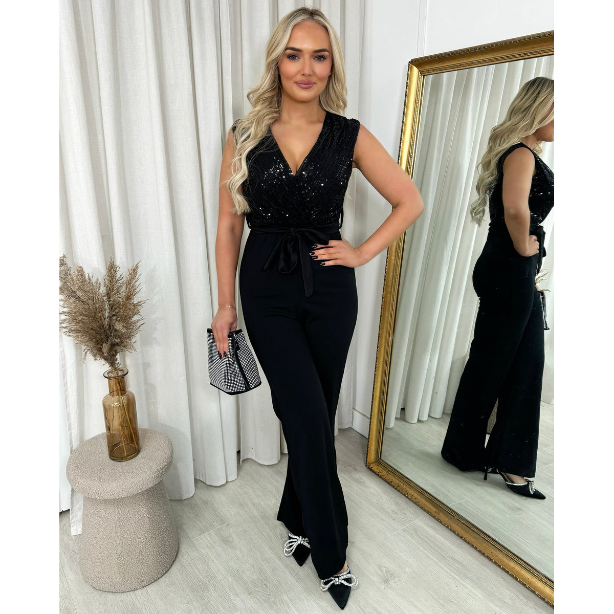 Elegant V-Neck Sequin Top Jumpsuit