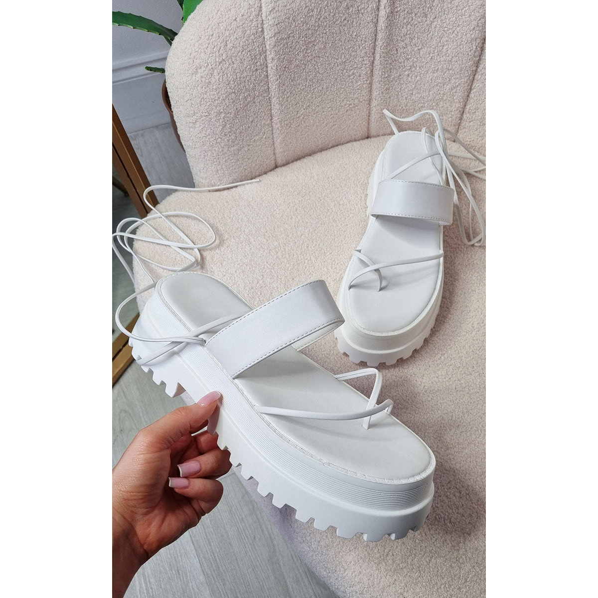 Faux Leather Strappy Lace Up Sandals