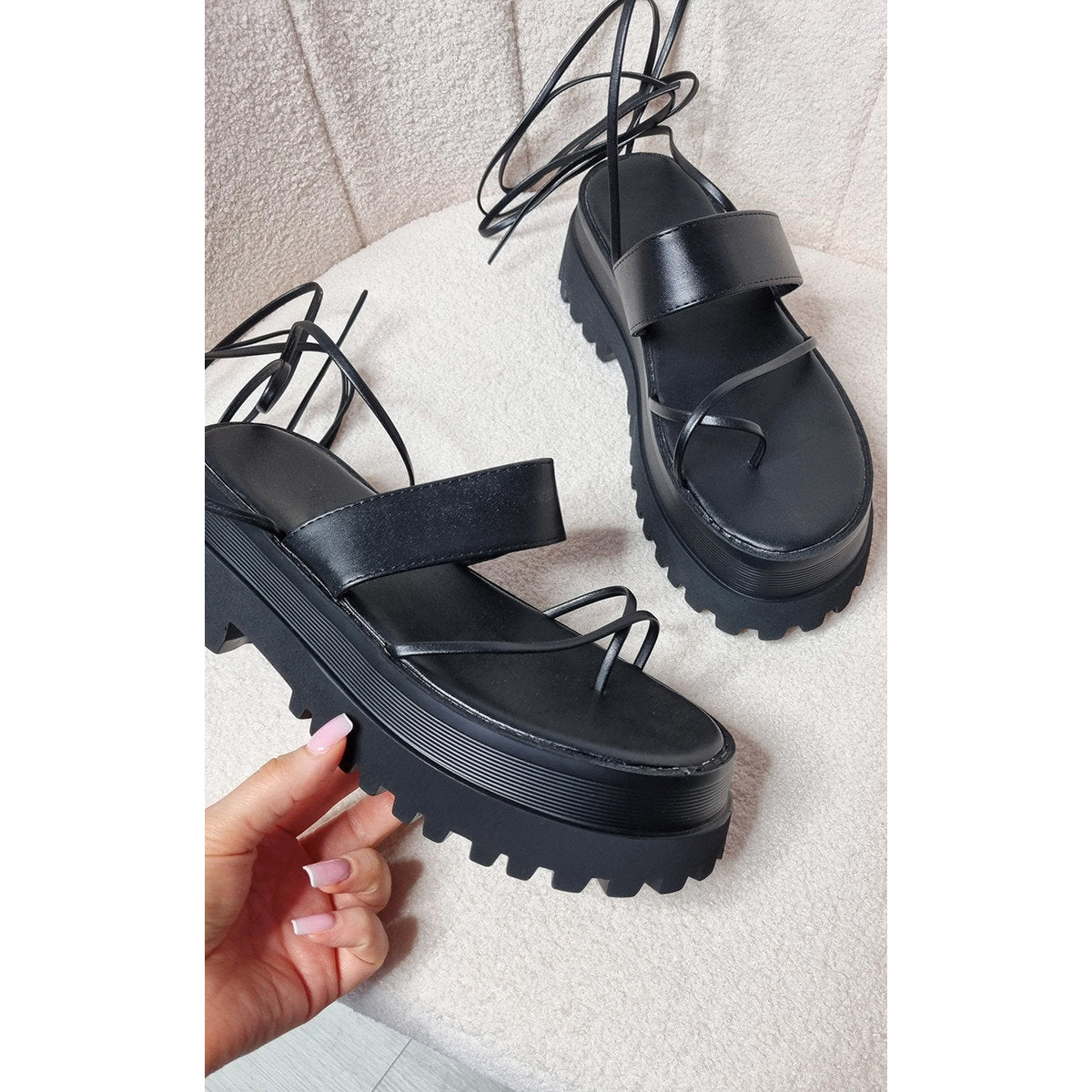 Faux Leather Strappy Lace Up Sandals