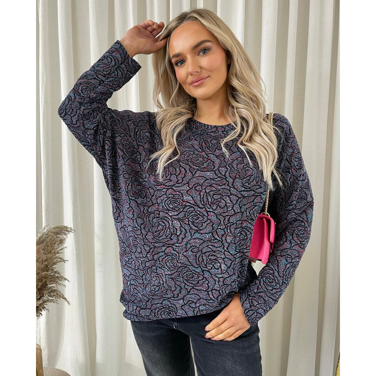 Long Sleeve Glitter Floral Pattern Top