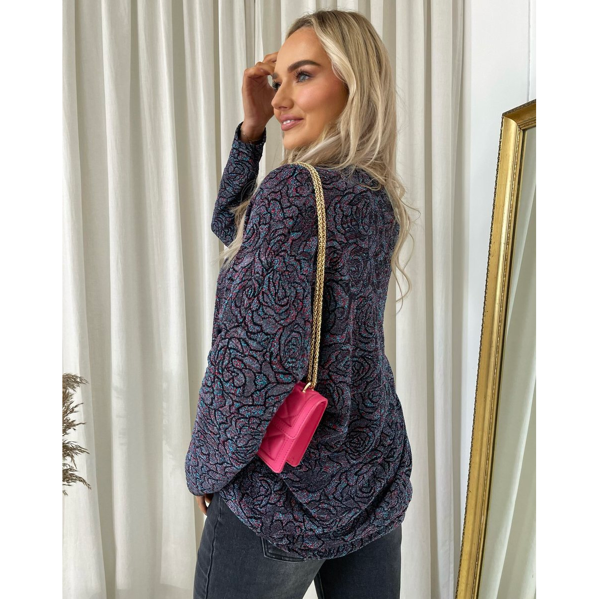 Long Sleeve Glitter Floral Pattern Top