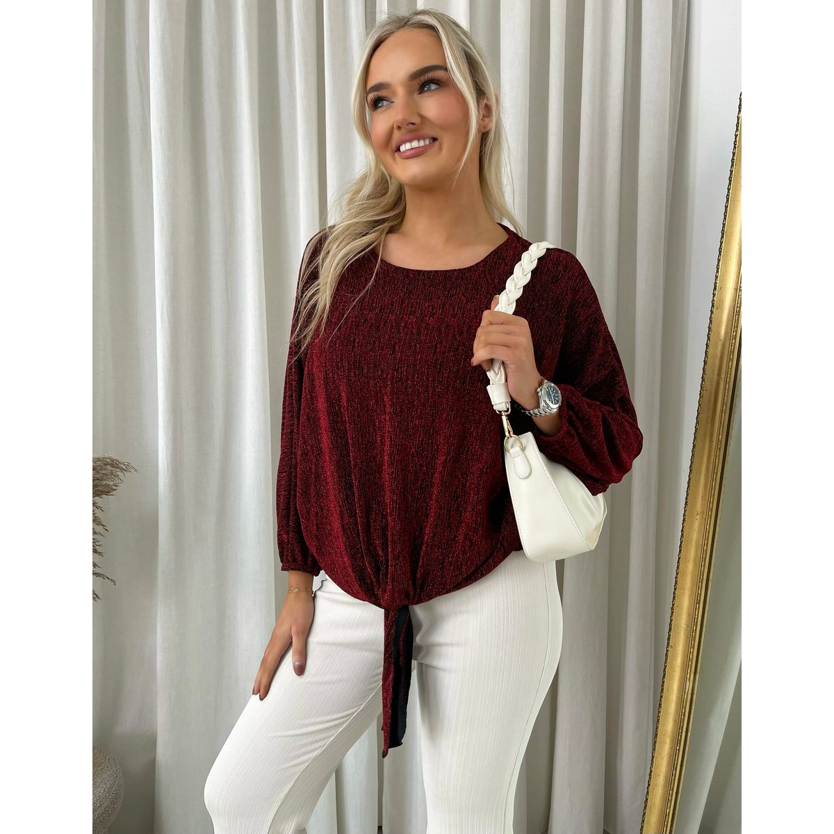 Shimmer Long Sleeve Tie Front Top