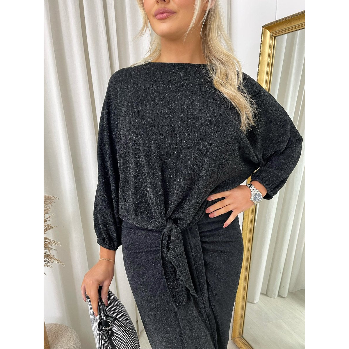 Shimmer Long Sleeve Tie Front Top