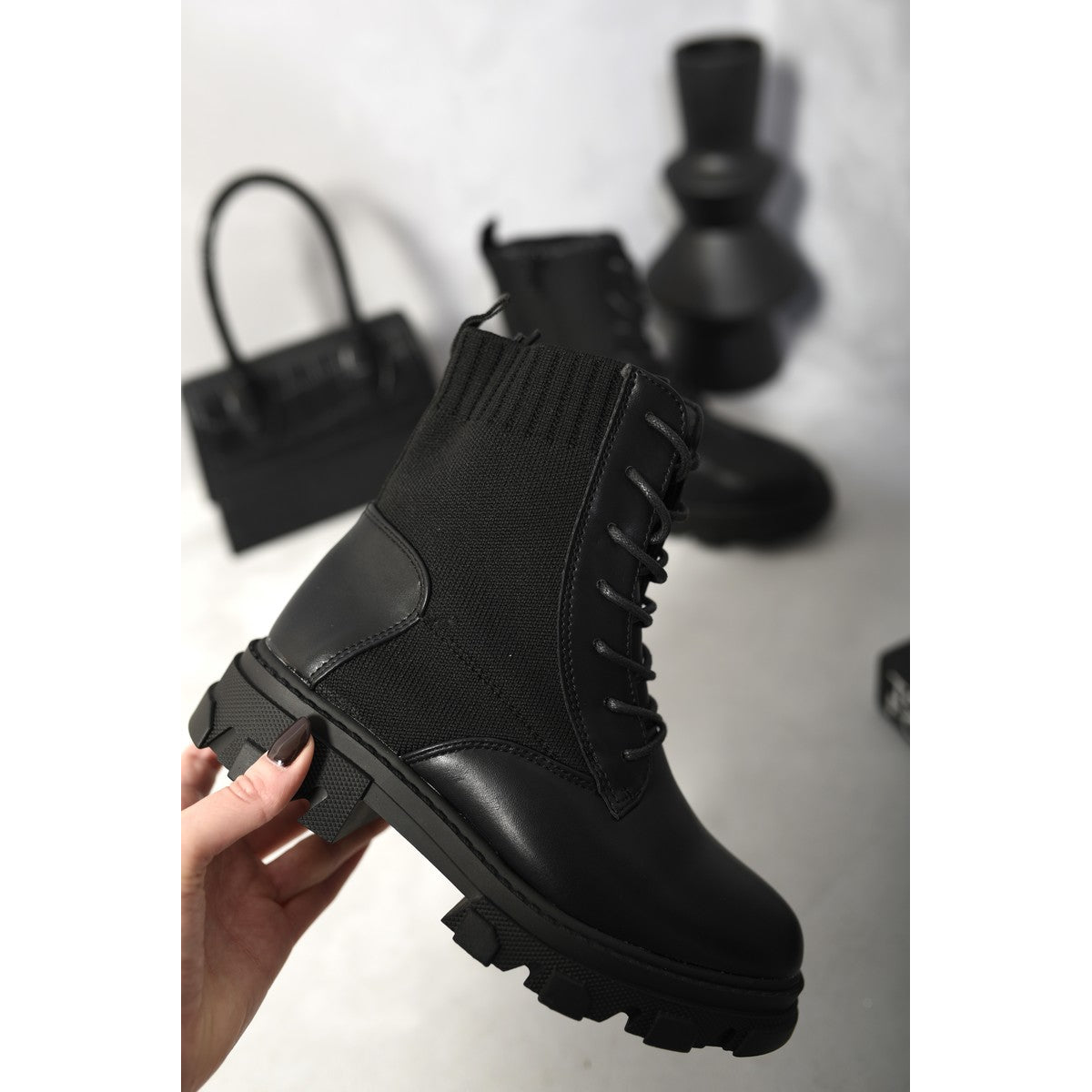 Knit Lace Up Chunky Ankle Boots