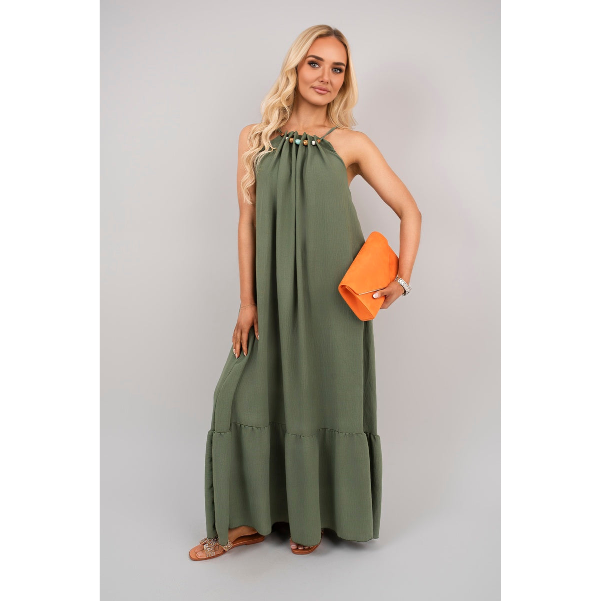 Sleeveless Beaded Halter Neck Maxi Dress with Tiered Hem