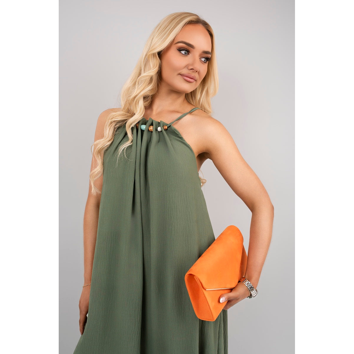 Sleeveless Beaded Halter Neck Maxi Dress with Tiered Hem