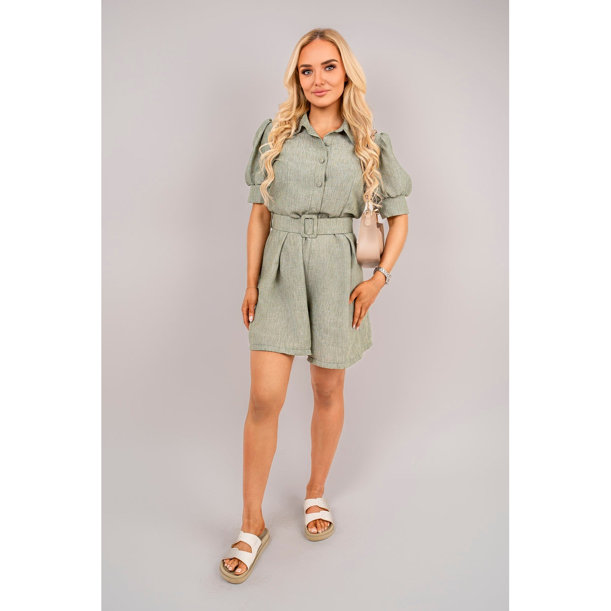 Collared Short Sleeve Playsuit with Belted Waist