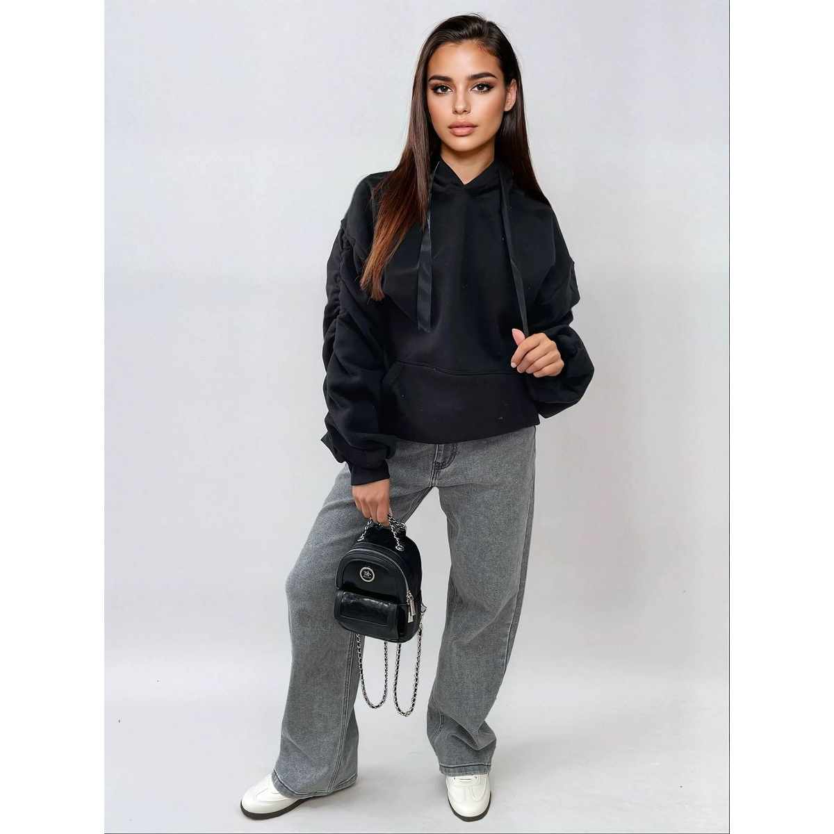 Ruched Sleeve Oversized Hoodie with Front Pouch Pocket