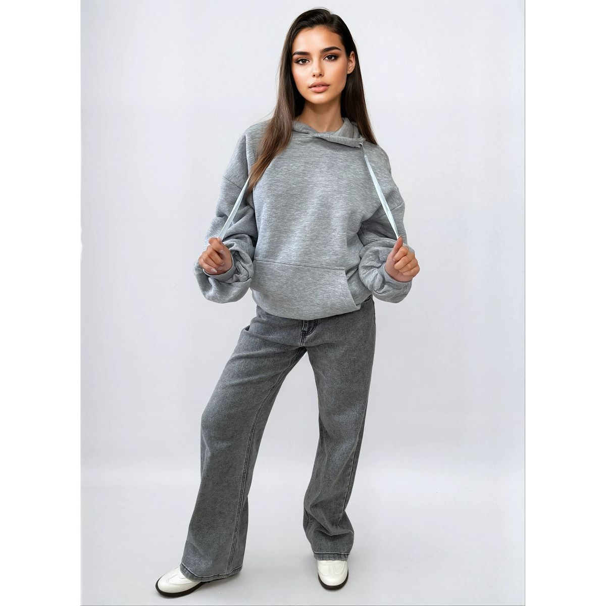Ruched Sleeve Oversized Hoodie with Front Pouch Pocket