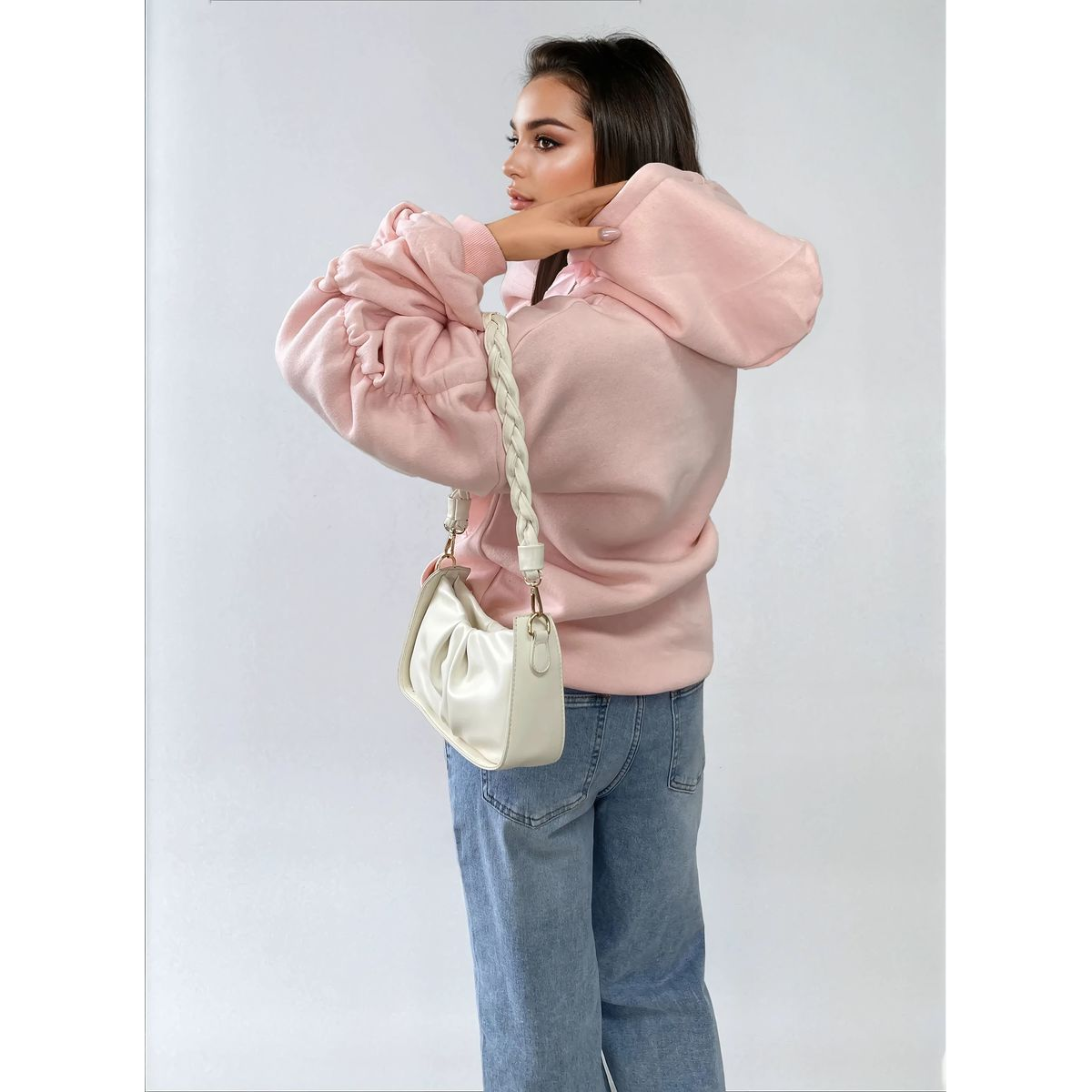 Ruched Sleeve Oversized Hoodie with Front Pouch Pocket