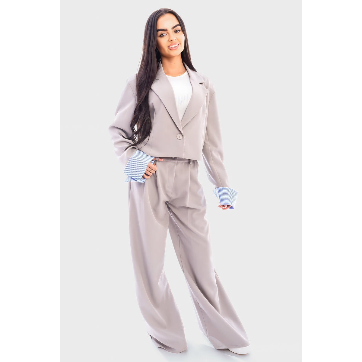 Long Sleeve Cropped Blazer Top And Straight Leg Trouser Co-ord Set