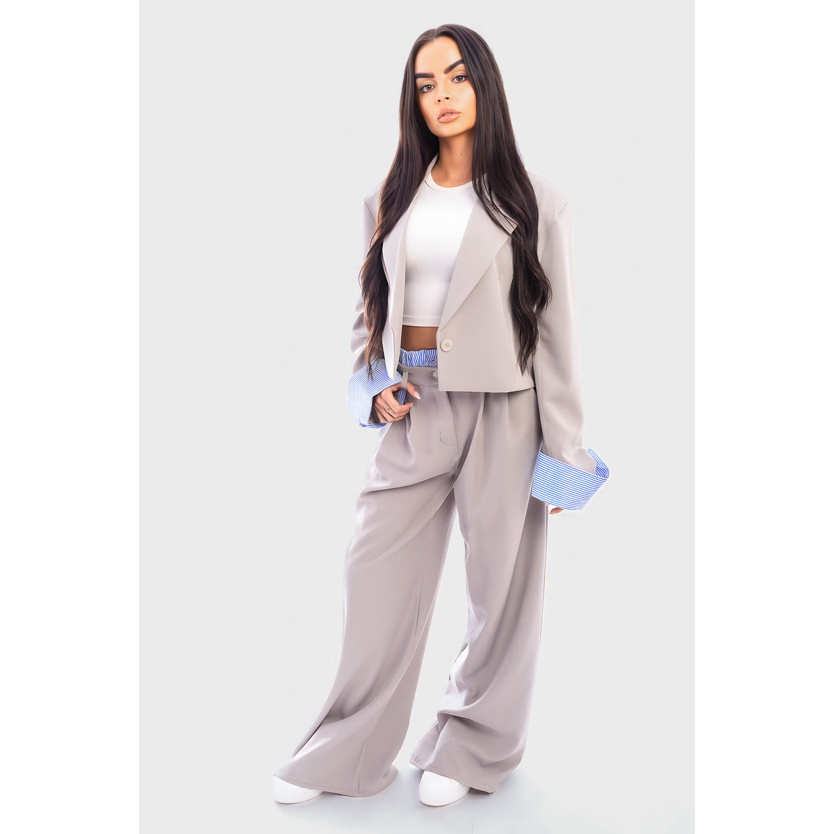 Long Sleeve Cropped Blazer Top And Straight Leg Trouser Co-ord Set