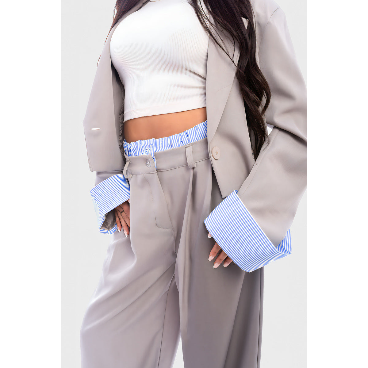 Long Sleeve Cropped Blazer Top And Straight Leg Trouser Co-ord Set