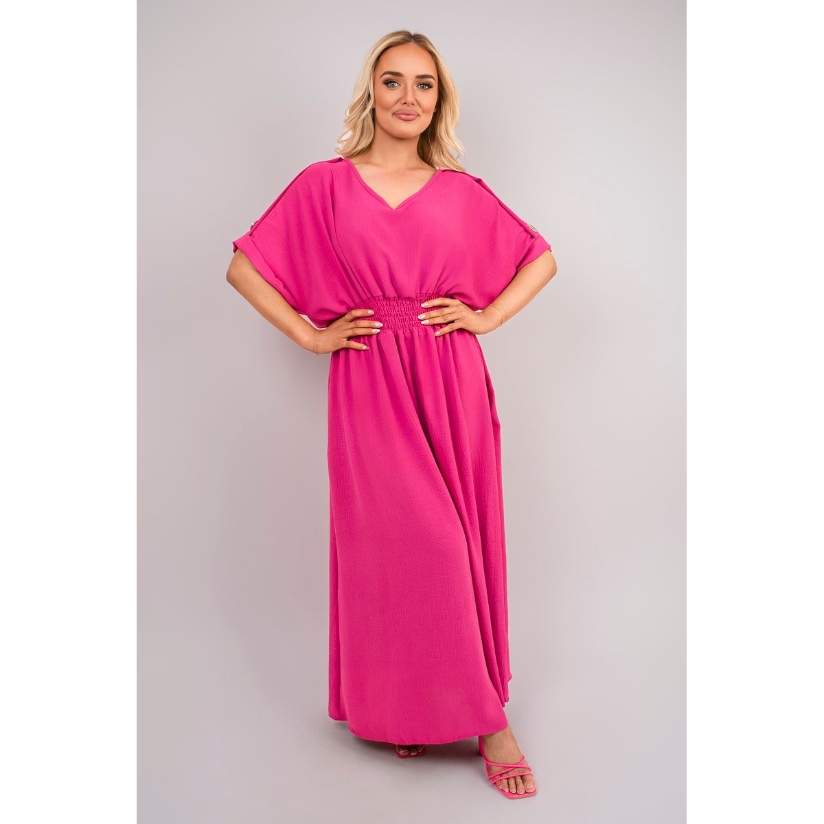 V Neck Short Sleeve Maxi Dress with Button Detail