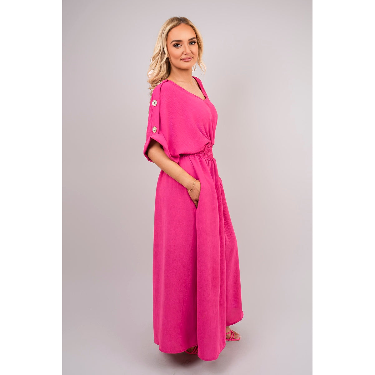 V Neck Short Sleeve Maxi Dress with Button Detail