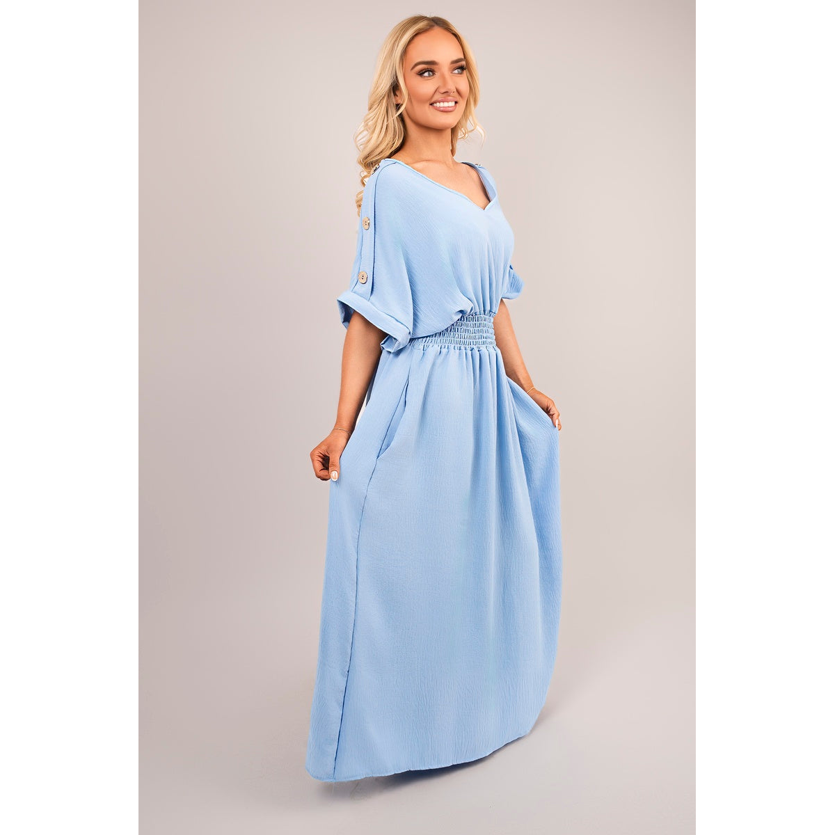 V Neck Short Sleeve Maxi Dress with Button Detail