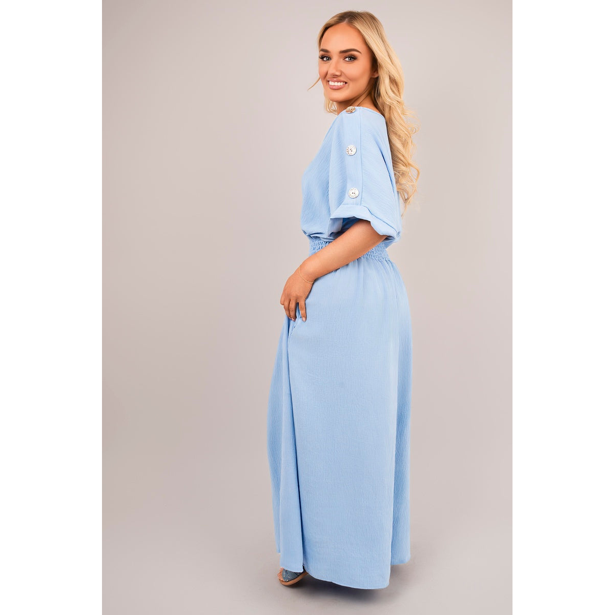 V Neck Short Sleeve Maxi Dress with Button Detail
