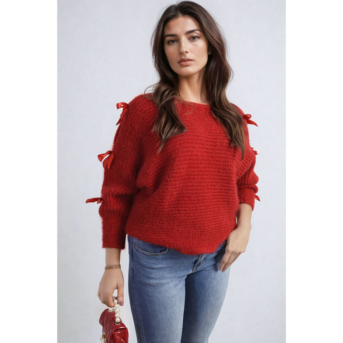 Cut Out Tie Bow Sleeve Detail Chunky Knitted Top