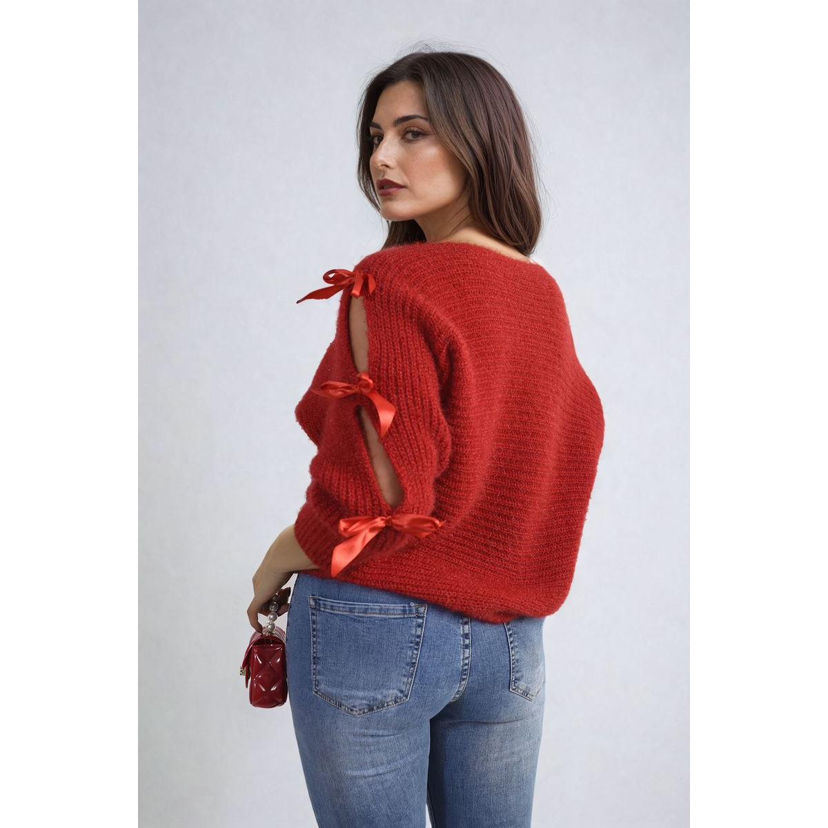Cut Out Tie Bow Sleeve Detail Chunky Knitted Top