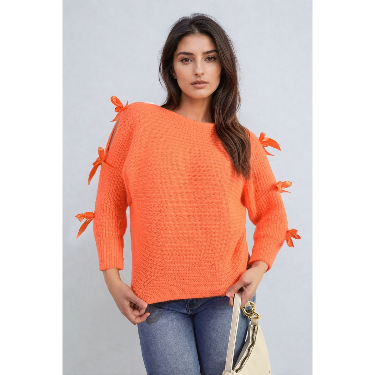 Cut Out Tie Bow Sleeve Detail Chunky Knitted Top