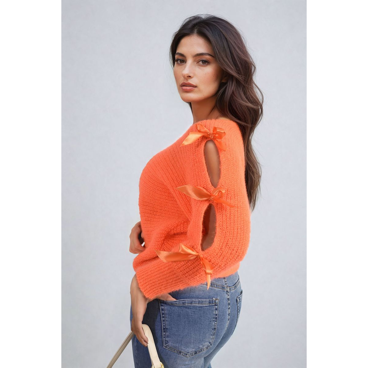 Cut Out Tie Bow Sleeve Detail Chunky Knitted Top