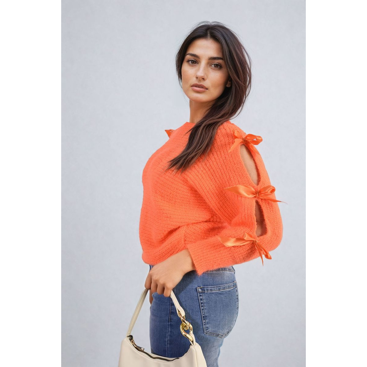 Cut Out Tie Bow Sleeve Detail Chunky Knitted Top