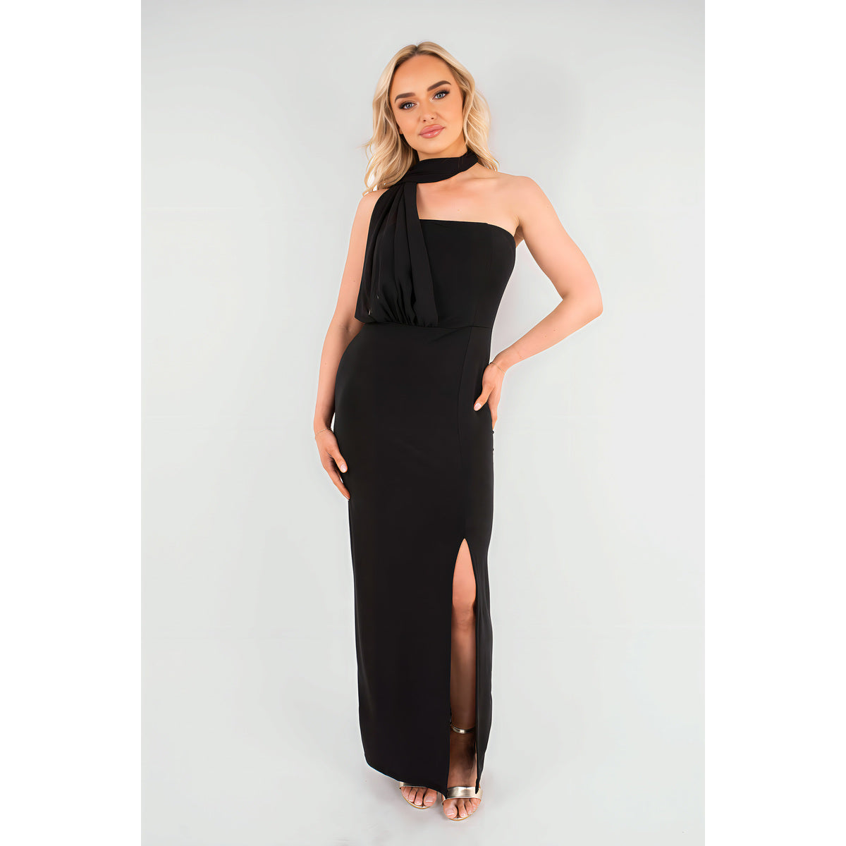 High Slit Draped Scarf Maxi Dress