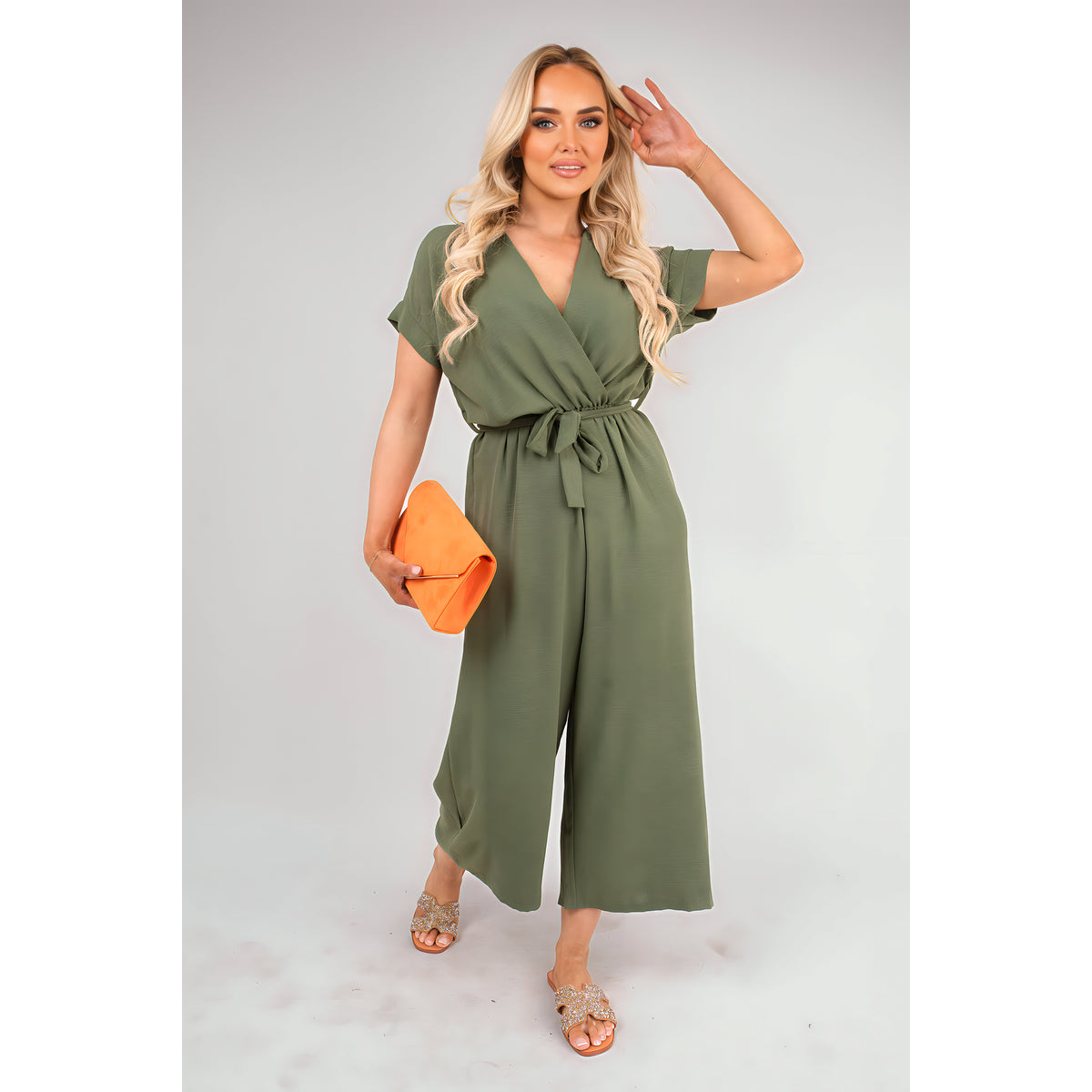 Wrap Short Sleeve Wide Leg Jumpsuit with Tie Waist