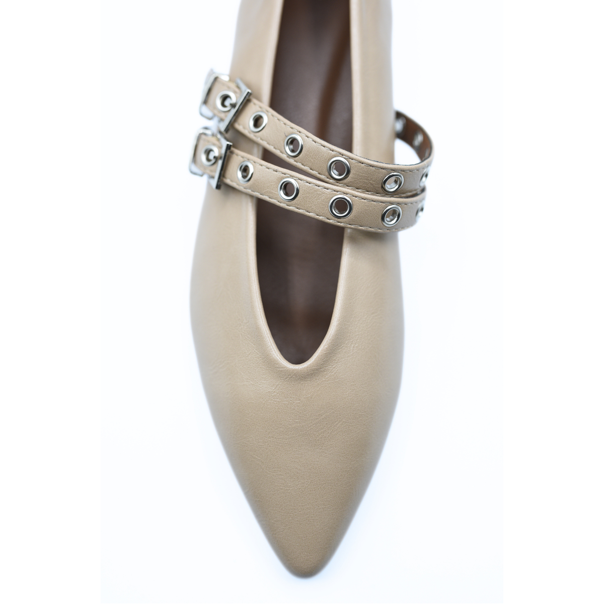 Low Heel Double Buckle Eyelet Strap Pointed Flat Shoes