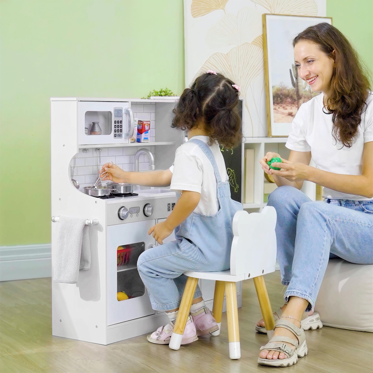 AIYAPLAY Play Kitchen, Pretend Toy Kitchen with Toy Phone, Chalkboard