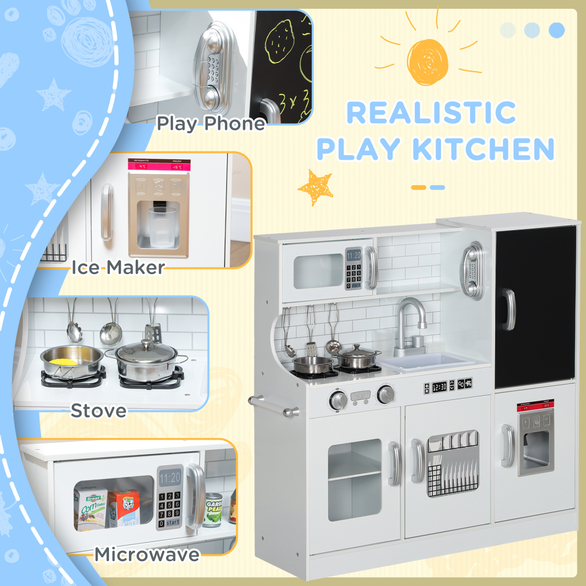 AIYAPLAY Play Kitchen, Pretend Toy Kitchen with Toy Phone, Chalkboard