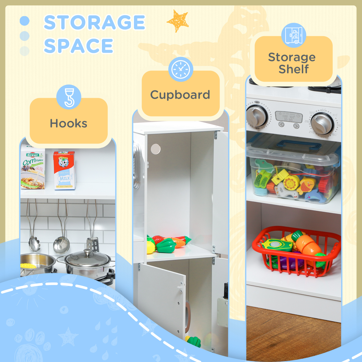 AIYAPLAY Play Kitchen, Pretend Toy Kitchen with Toy Phone, Chalkboard