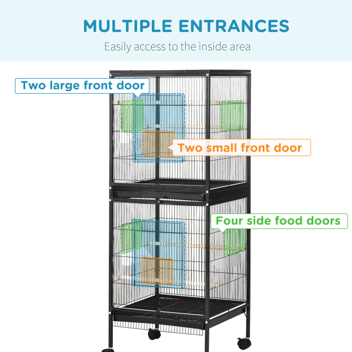 PawHut 2 In 1 Large Bird Cage Aviary with Wheels, Slide-out Trays Wood Perches