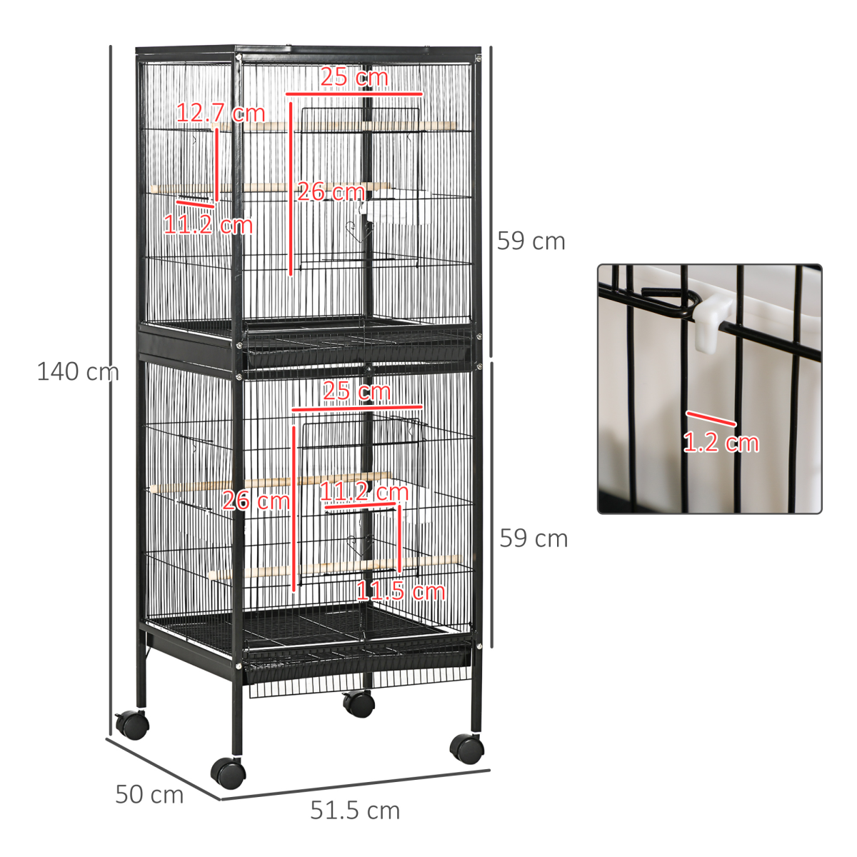 PawHut 2 In 1 Large Bird Cage Aviary with Wheels, Slide-out Trays Wood Perches