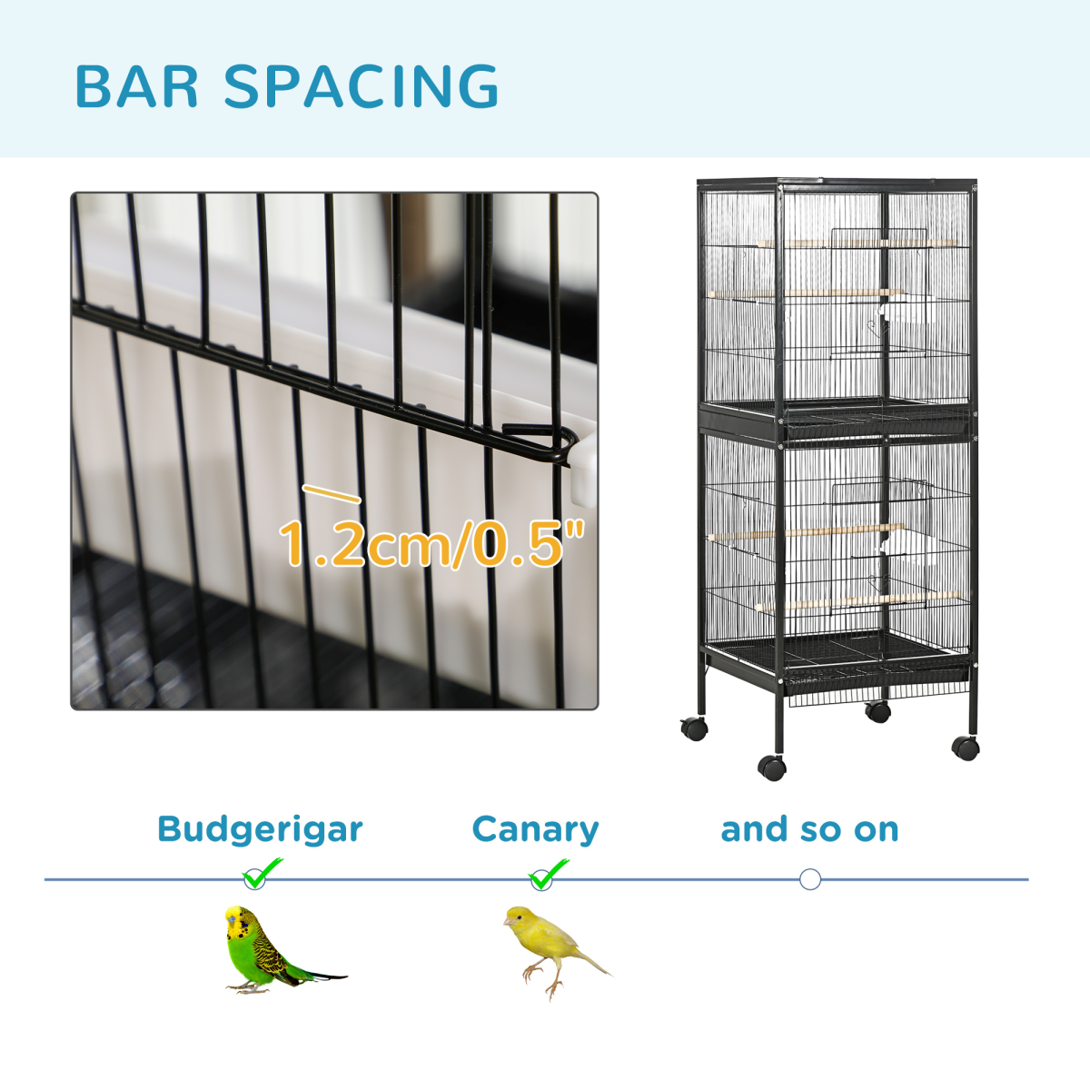 PawHut 2 In 1 Large Bird Cage Aviary with Wheels, Slide-out Trays Wood Perches