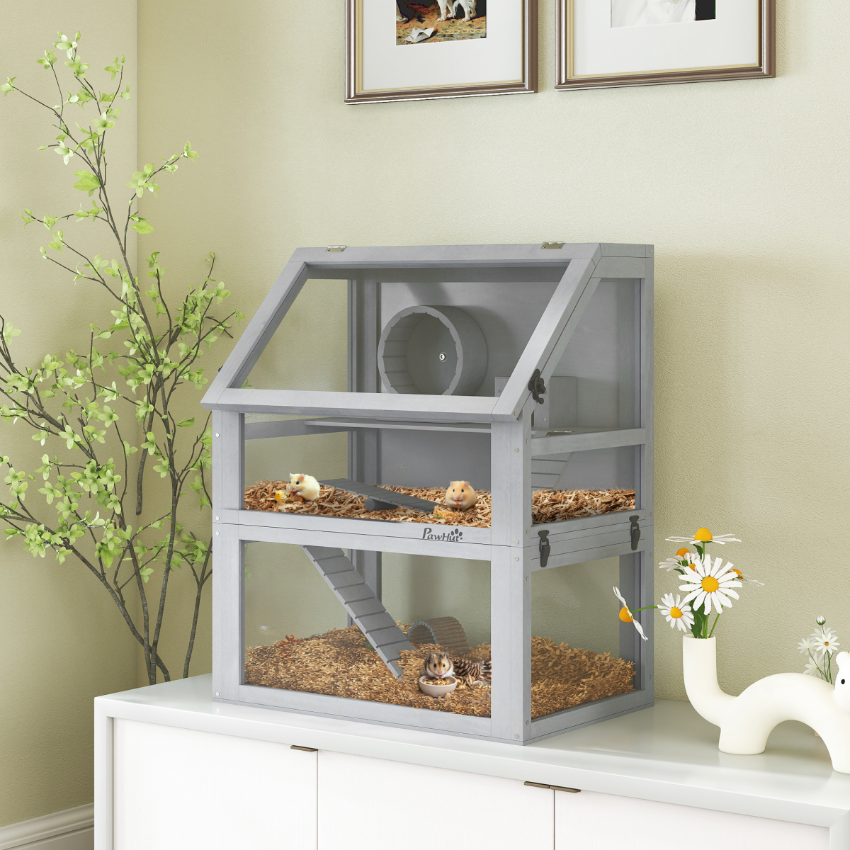PawHut Wooden Hamster Cage w/ Detachable Bottom, Hut, Seesaw