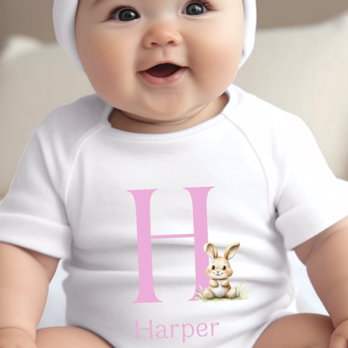 Personalised Pink Initial Bunny Gift Hamper - Teddy & Baby Vest