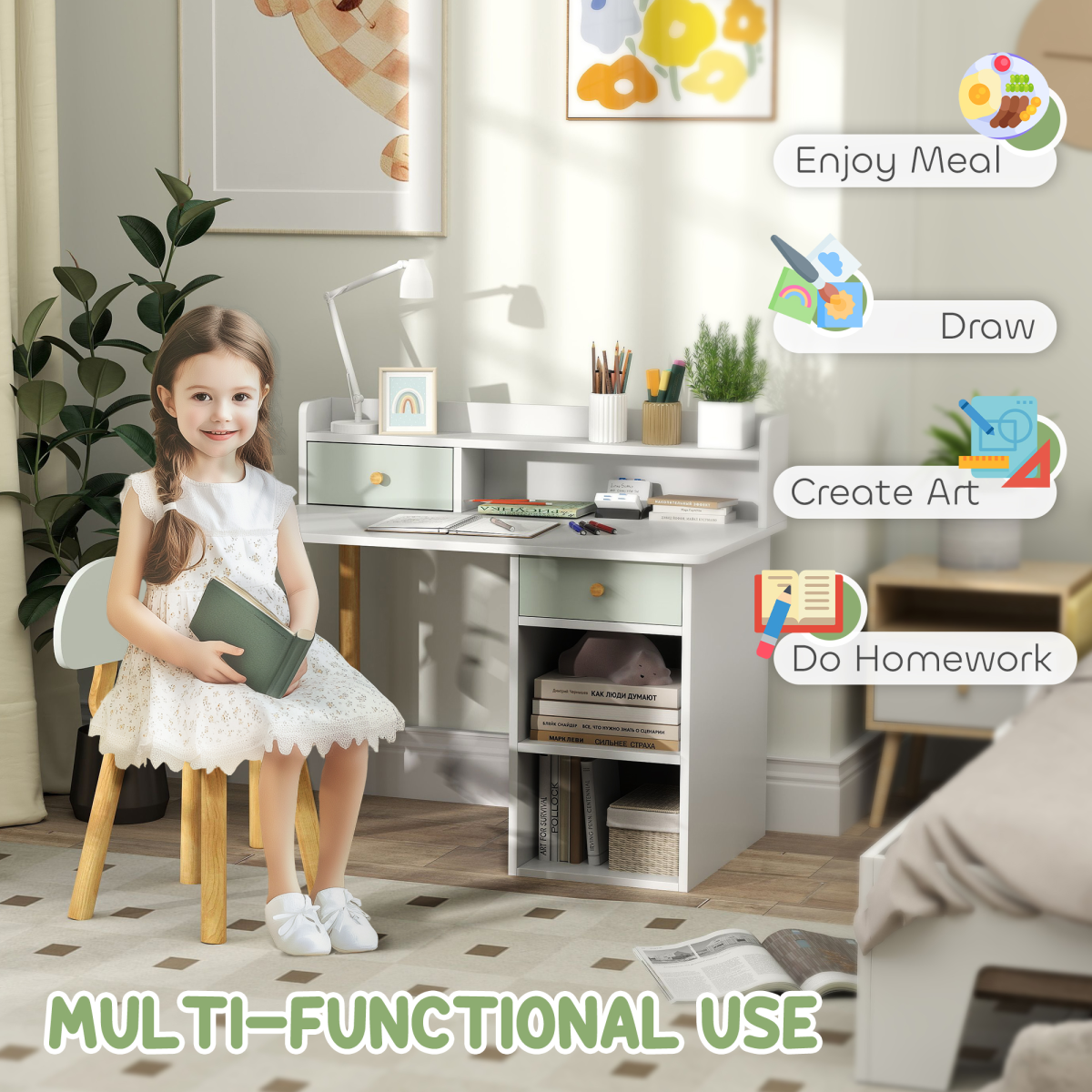 AIYAPLAY Kids Desk and Chair Set for Studying, Reading, Drawing, Green